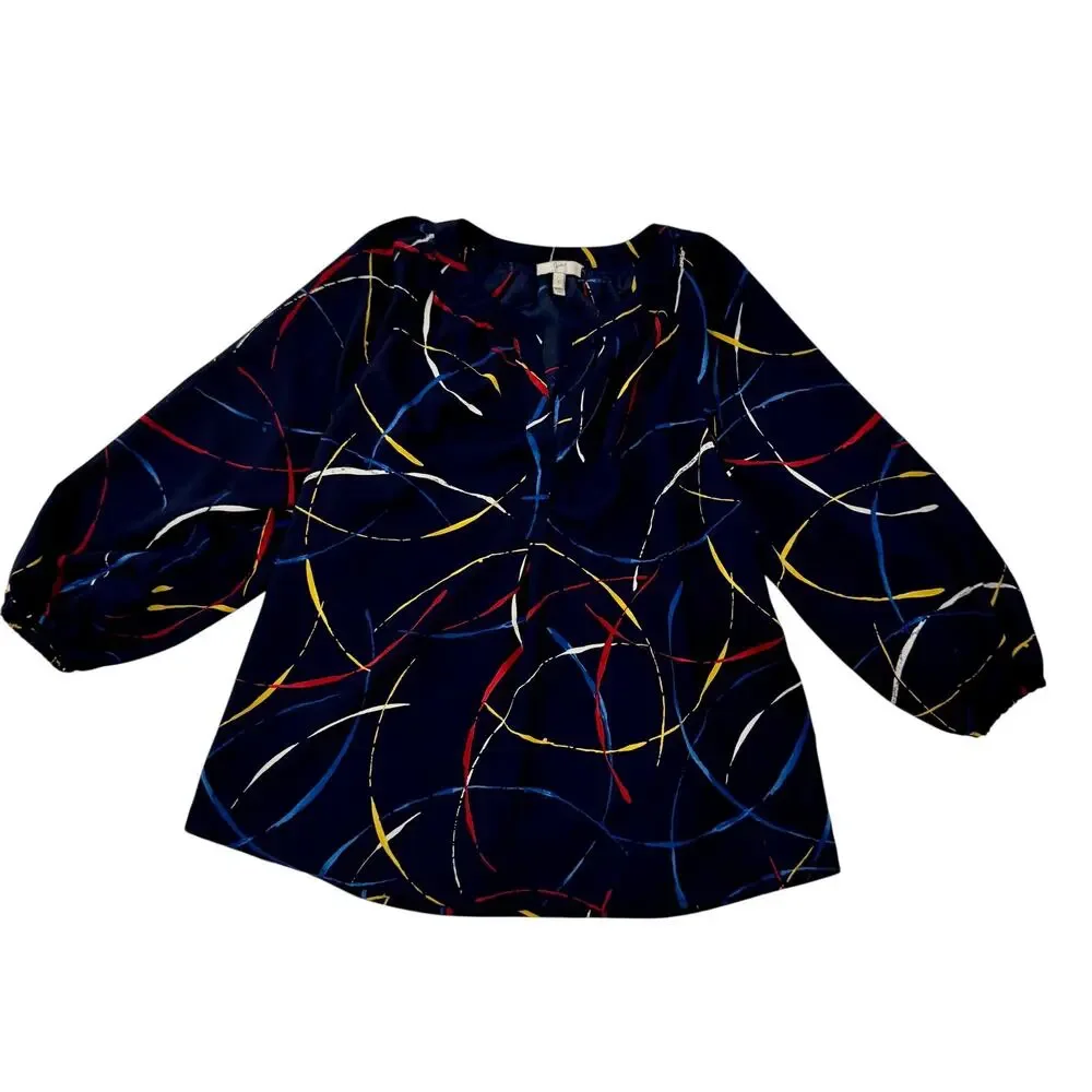 Joie Georgette Blouse Navy Blue Women’s Small Abstract Art Wear Artsy Statement - Picture 2 of 15